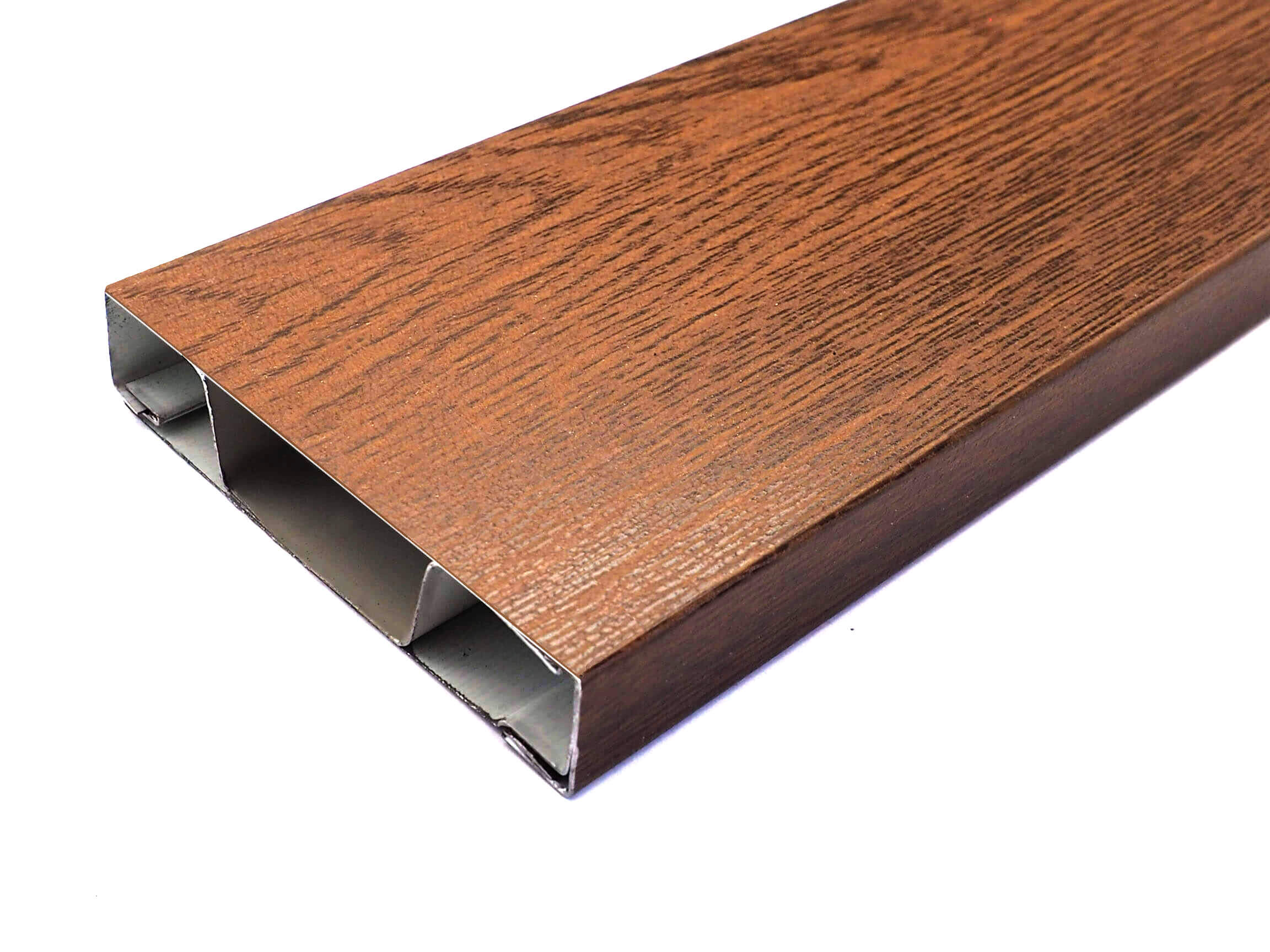 Stalowa deseczka, przęsło, lamela z antykorozyjną powłoką w kolorze złoty dąb 3d, imitacja drewna