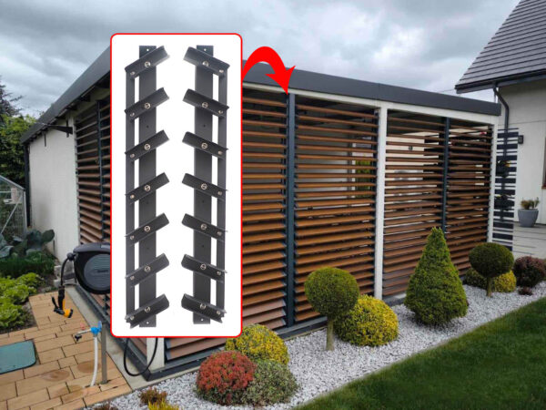 Metalowy mechanizm, prowadnica do żaluzji drewnianej na taras